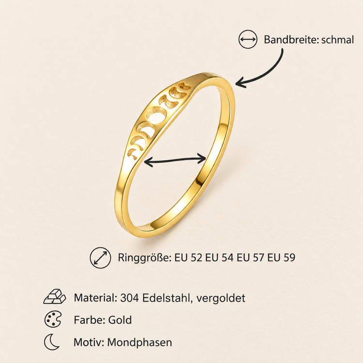 Maßbild Mondphasen Ring Edelstahl Vergoldet – Schmal & Elegant