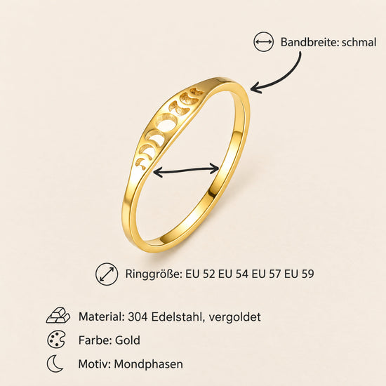 Maßbild Mondphasen Ring Edelstahl Vergoldet – Schmal & Elegant