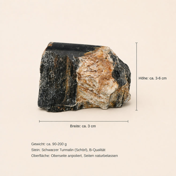 Turmalin, schwarz (Schörl) Rohstein anpoliert | B-Qualität | 3-6 cm