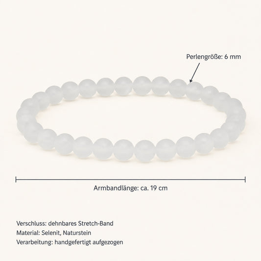 Selenit Kugelarmband 6 mm – zartweißer Edelstein, 19 cm