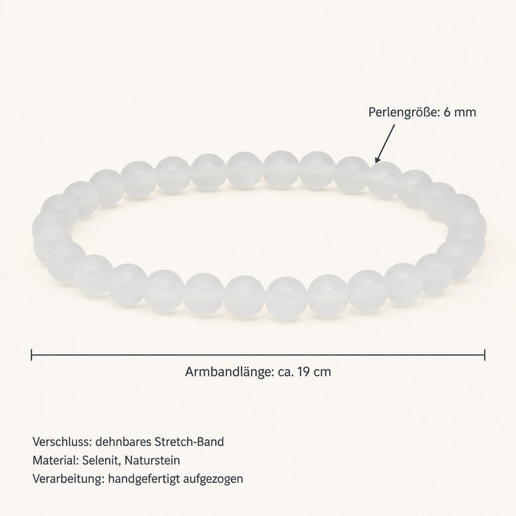 Selenit Kugelarmband 6 mm – zartweißer Edelstein, 19 cm