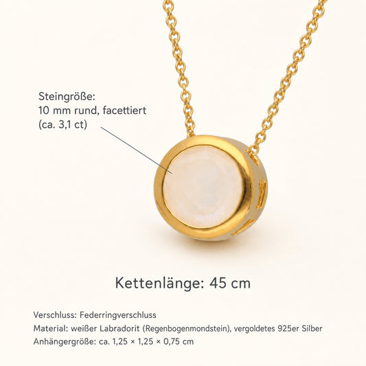 Regenbogen-Mondstein Solitär-Anhänger mit Kette | vergoldetes 925er Silber