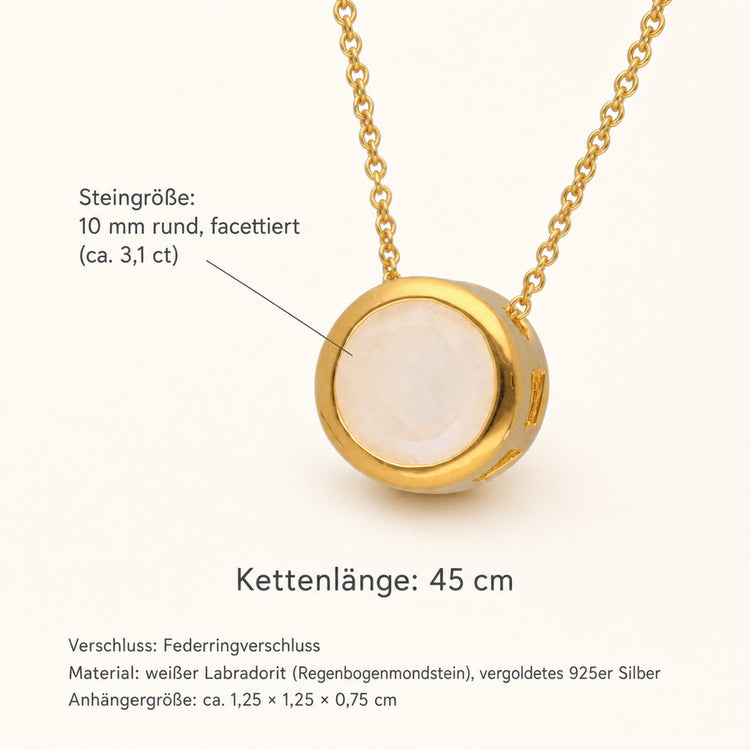 Regenbogen-Mondstein Solitär-Anhänger mit Kette | vergoldetes 925er Silber