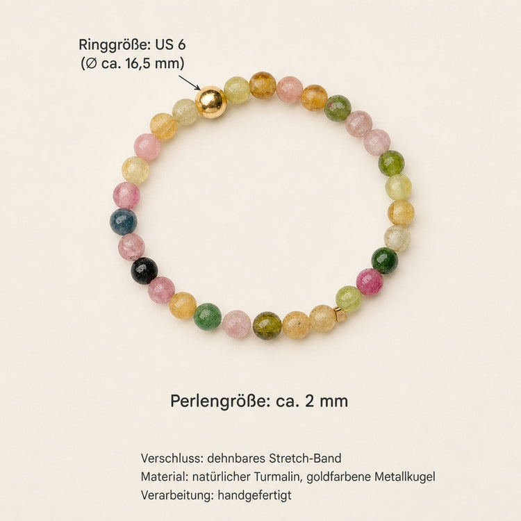 Regenbogen Turmalin Ring mit goldener Kugel – Perlenring Gr. 6