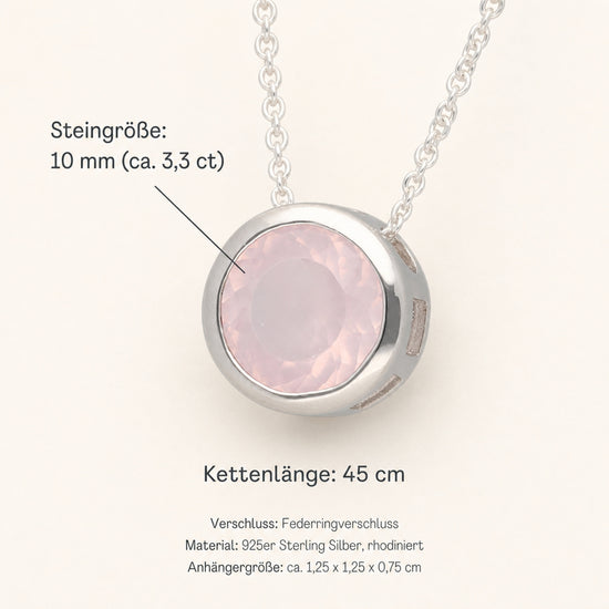 Rosenquarz Solitär-Anhänger mit Kette | 925er Silber | 45 cm