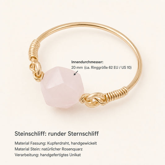 Rosenquarz Ring mit Kupferdraht – Sternschliff, handgewickelt