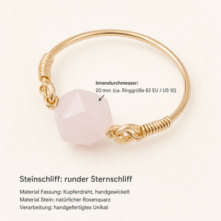 Rosenquarz Ring mit Kupferdraht – Sternschliff, handgewickelt