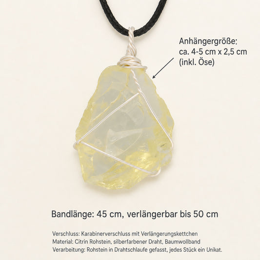 Citrin Rohstein Anhänger Set mit Baumwollband & Edelsteinkarte