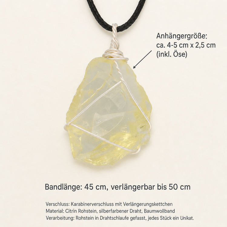 Citrin Rohstein Anhänger Set mit Baumwollband & Edelsteinkarte