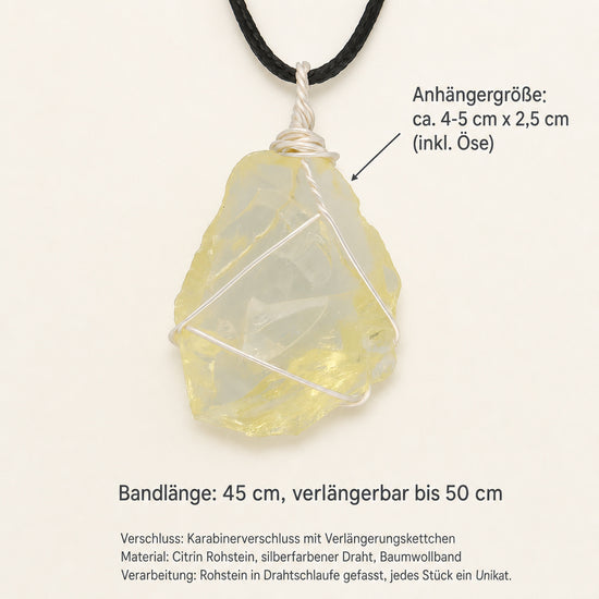 Citrin Rohstein Anhänger Set mit Baumwollband & Edelsteinkarte