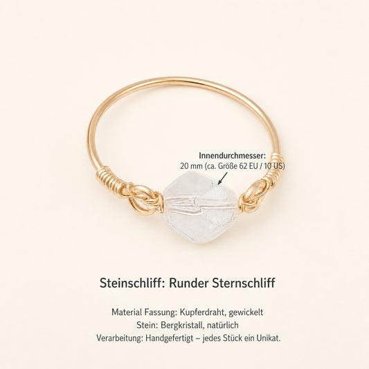 Bergkristall Ring mit Kupferdraht – Sternschliff, Ø 20 mm