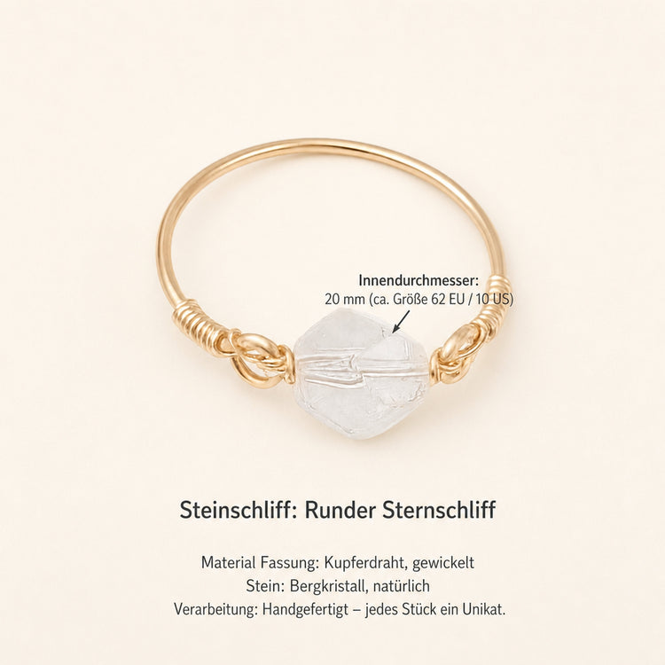 Bergkristall Ring mit Kupferdraht – Sternschliff, Ø 20 mm