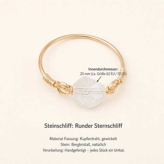 Bergkristall Ring mit Kupferdraht – Sternschliff, Ø 20 mm