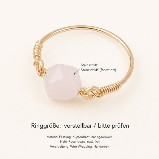 Rosenquarz Ring mit Kupferdraht – Sternschliff, handgewickelt