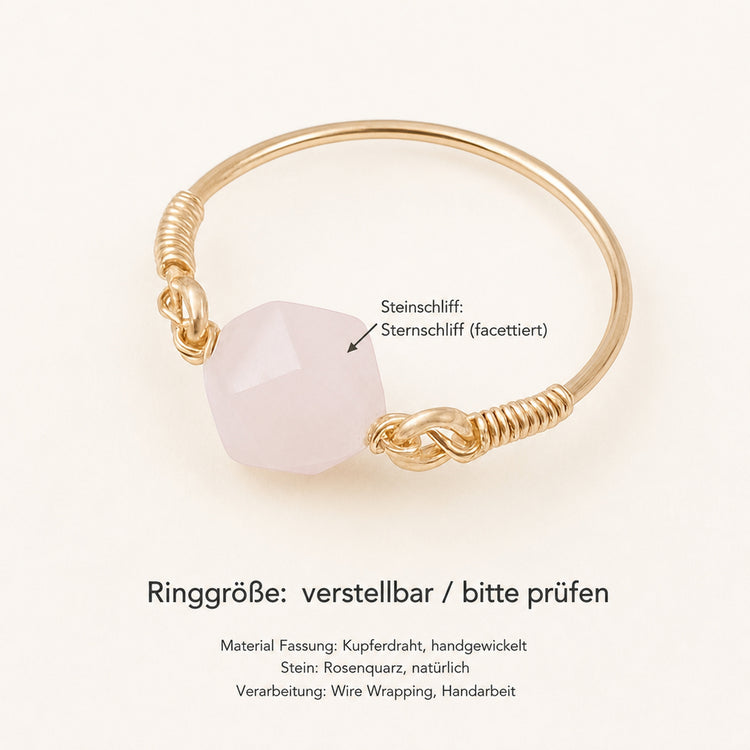 Rosenquarz Ring mit Kupferdraht – Sternschliff, handgewickelt