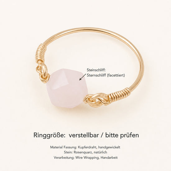 Rosenquarz Ring mit Kupferdraht – Sternschliff, handgewickelt