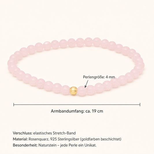 Rosenquarz Armband 4mm Perlen – 19cm mit Silber-Goldperle