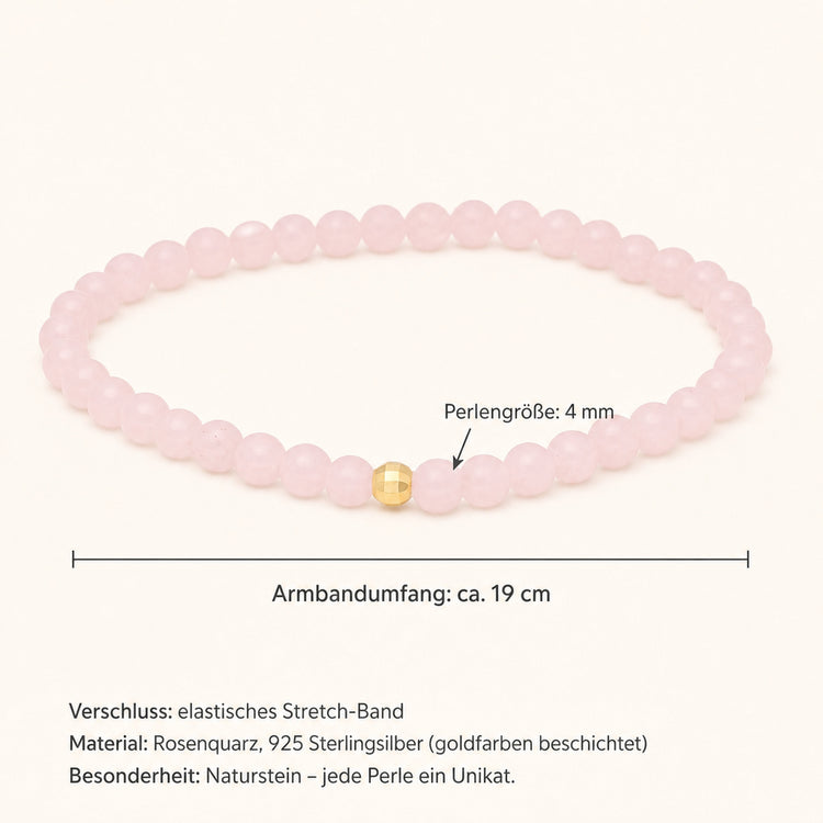 Rosenquarz Armband 4mm Perlen – 19cm mit Silber-Goldperle