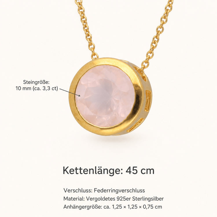 Rosenquarz Solitär-Anhänger mit Kette | vergoldetes 925er Silber | 45 cm