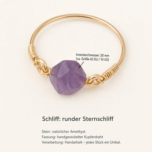 Amethyst Ring mit Sternschliff & Kupferdraht – Ø 20 mm