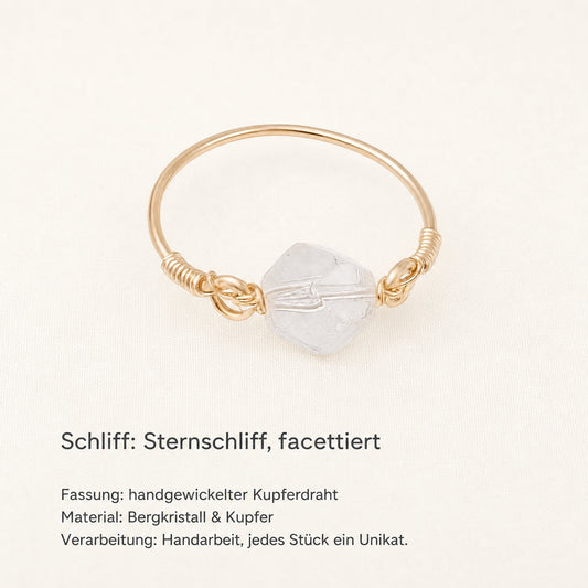 Bergkristall Ring mit Kupferdraht – Sternschliff, Ø 20 mm