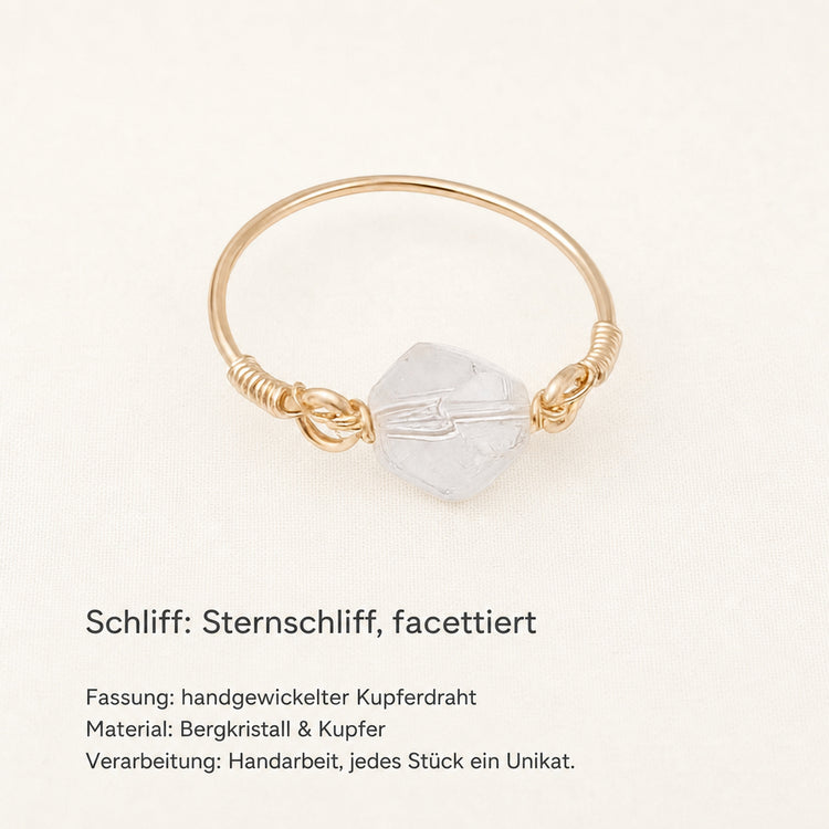 Bergkristall Ring mit Kupferdraht – Sternschliff, Ø 20 mm