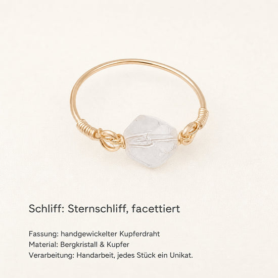 Bergkristall Ring mit Kupferdraht – Sternschliff, Ø 20 mm