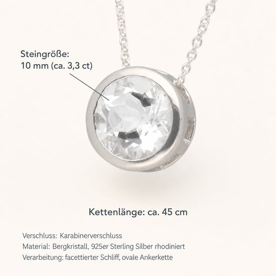 Bergkristall Solitär-Anhänger mit Kette | 925er Silber | 45 cm