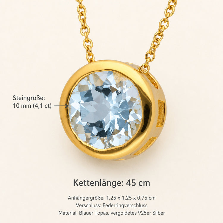 Blauer Topas Solitär-Anhänger mit Kette | vergoldetes 925er Silber | 45 cm