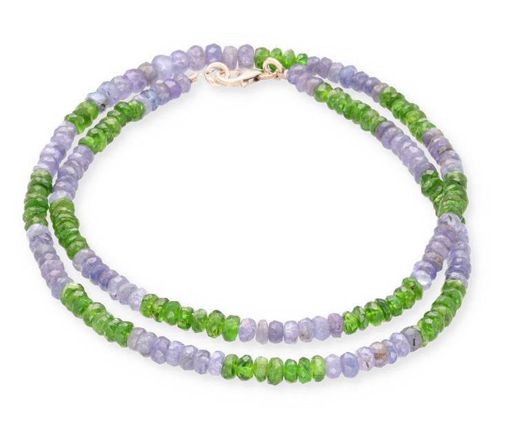 Tansanit + Chromdiopsid Perlenkette facettiert I 45cm I Hochwertige Edelsteinkette mit 925er Silber Verschluss