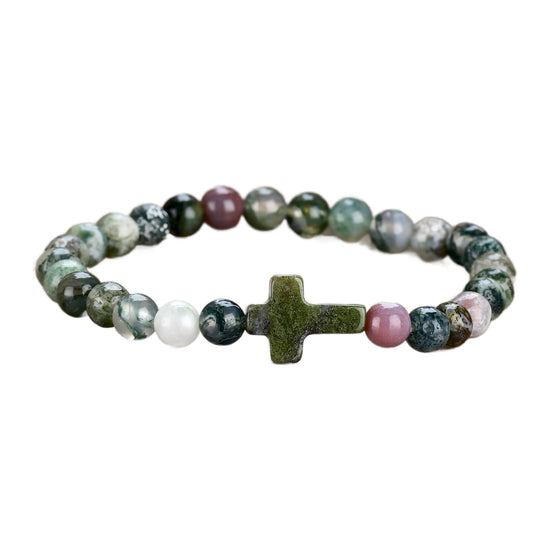 Edelstein-Armband mit Steinkreuz — 6 mm Perlen, elastisch – Indischer Achat