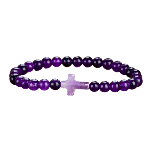 Edelstein-Armband mit Steinkreuz — 6 mm Perlen, elastisch – Amethyst