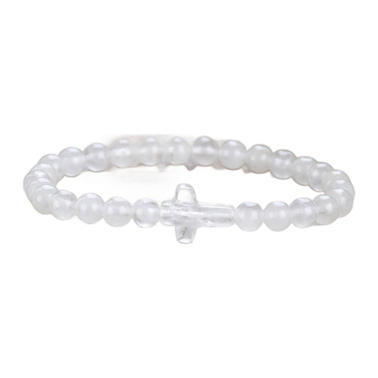 Edelstein-Armband mit Steinkreuz — 6 mm Perlen, elastisch – Bergkristall