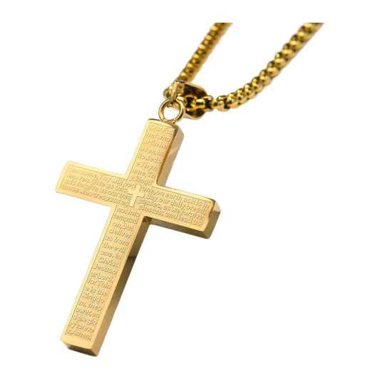 Kreuz-Anhänger mit Vaterunser-Gravur — Edelstahl, Kette 60 cm – Gold