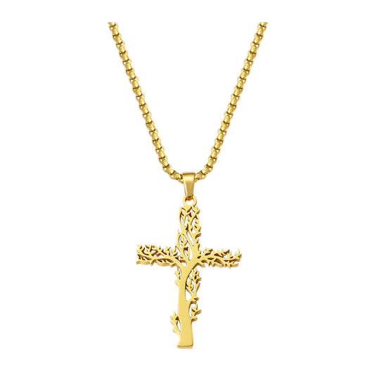 Kreuz-Anhänger Lebensbaum — Edelstahl, Kette 55 cm – Gold