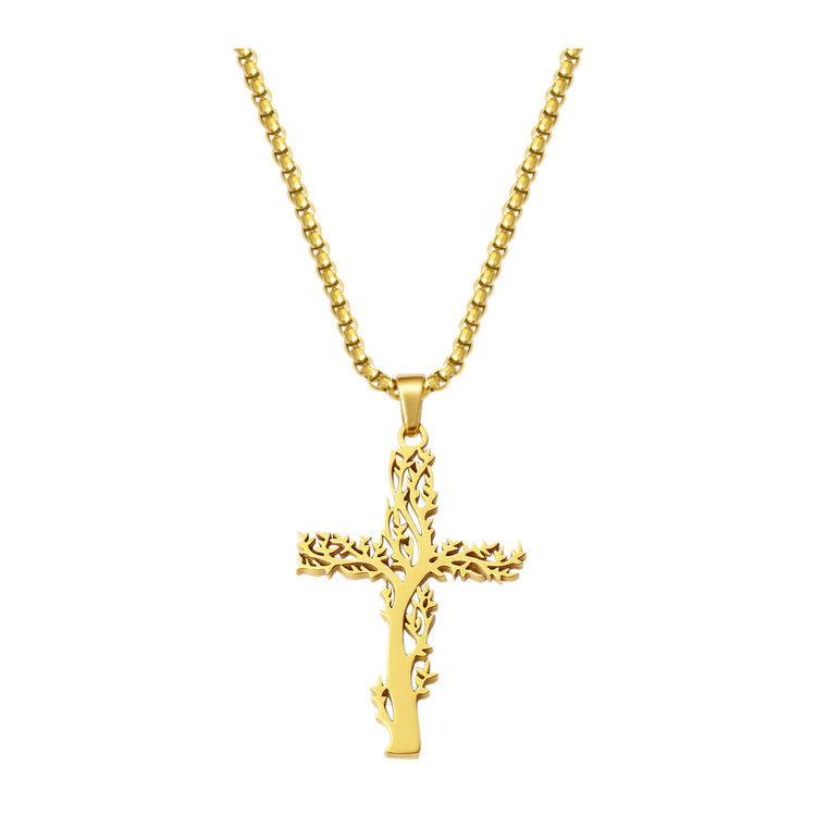 Kreuz-Anhänger Lebensbaum — Edelstahl, Kette 55 cm – Gold