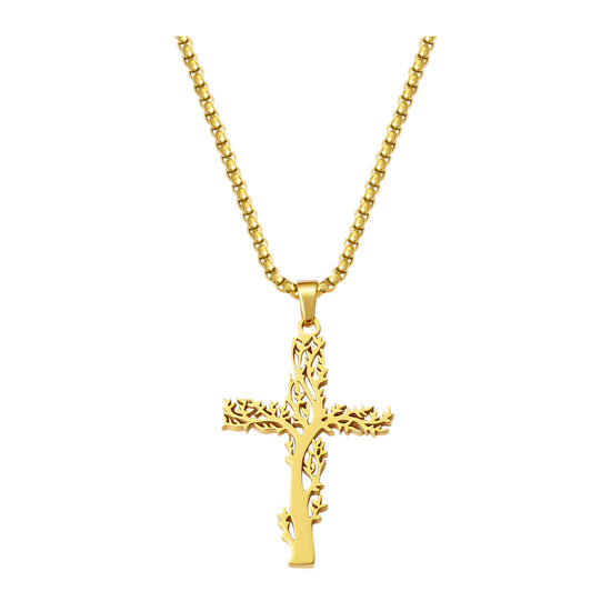 Kreuz-Anhänger Lebensbaum — Edelstahl, Kette 55 cm – Gold