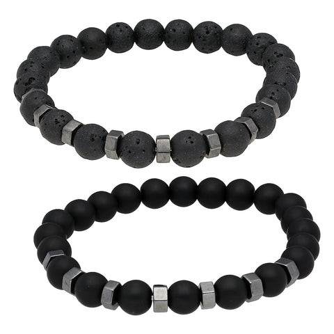 Armband-Set Herren Lava & Achat mit Zwischenperlen – 2 Armbänder, 8 mm Natursteine, elastisch