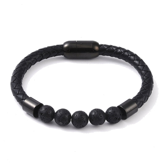 Lederarmband mit Steinperlen — Lavastein / Schwarz