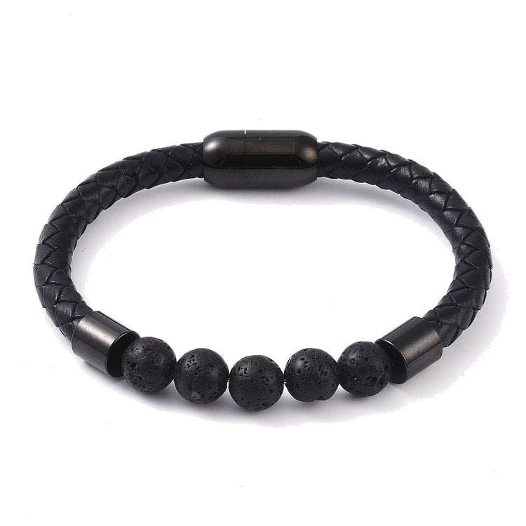 Lederarmband mit Steinperlen — Lavastein / Schwarz