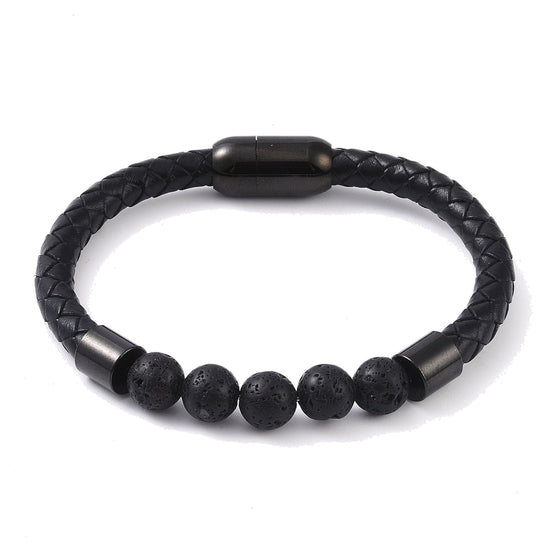 Lederarmband mit Steinperlen — Lavastein / Schwarz