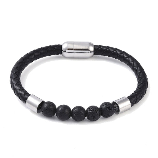 Lederarmband mit Steinperlen — Lavastein / Stahlfarben