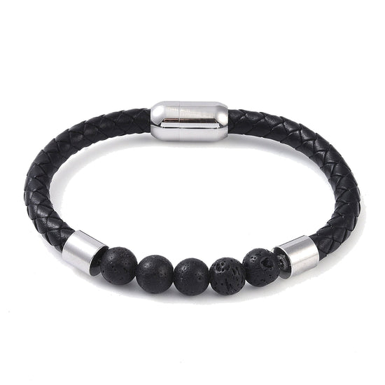 Lederarmband mit Steinperlen — Lavastein / Stahlfarben