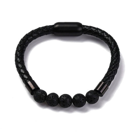 Lederarmband mit Steinperlen — Lavastein, Magnesit oder Tigerauge, 20,3 cm – Lavastein matt / Schwarz