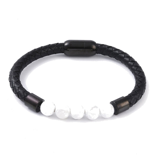 Lederarmband mit Steinperlen — Magnesit / Schwarz