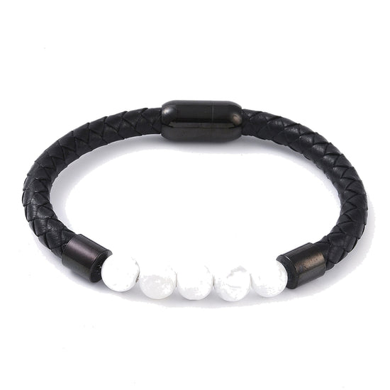 Lederarmband mit Steinperlen — Magnesit / Schwarz