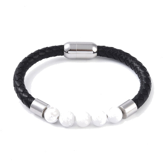 Lederarmband mit Steinperlen — Magnesit / Stahlfarben