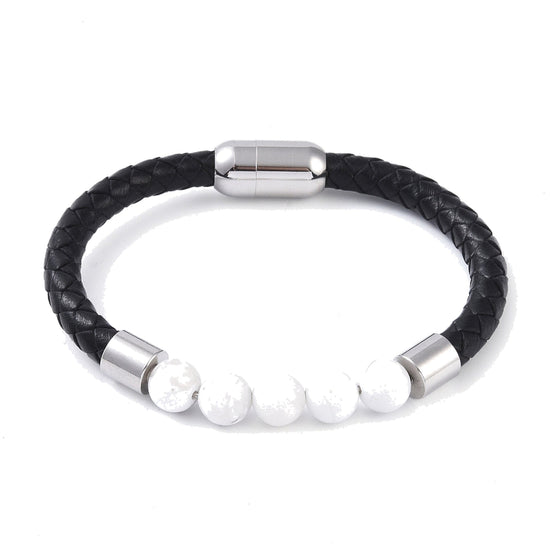 Lederarmband mit Steinperlen — Magnesit / Stahlfarben