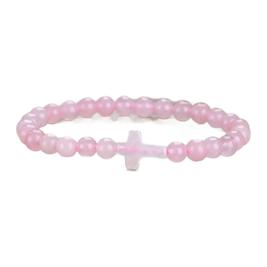 Edelstein-Armband mit Steinkreuz — 6 mm Perlen, elastisch – Rosenquarz