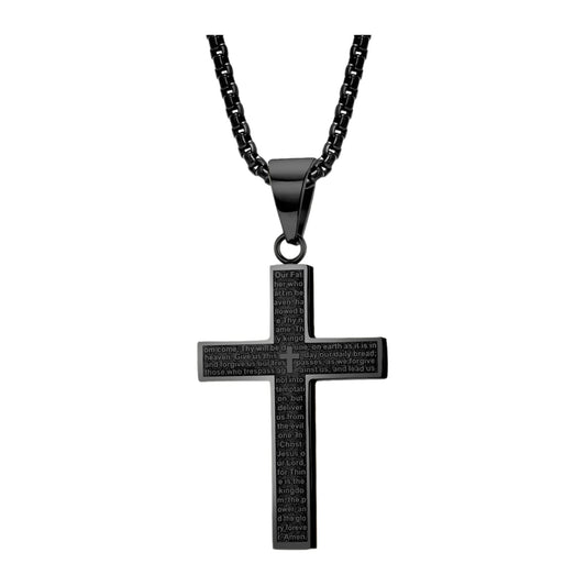 Kreuz-Anhänger mit Vaterunser-Gravur — Edelstahl, Kette 60 cm – Schwarz